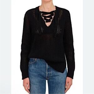 Derek Lam 10 Crosby Open Knit Lace Up Neckline Sweater in Black Size S